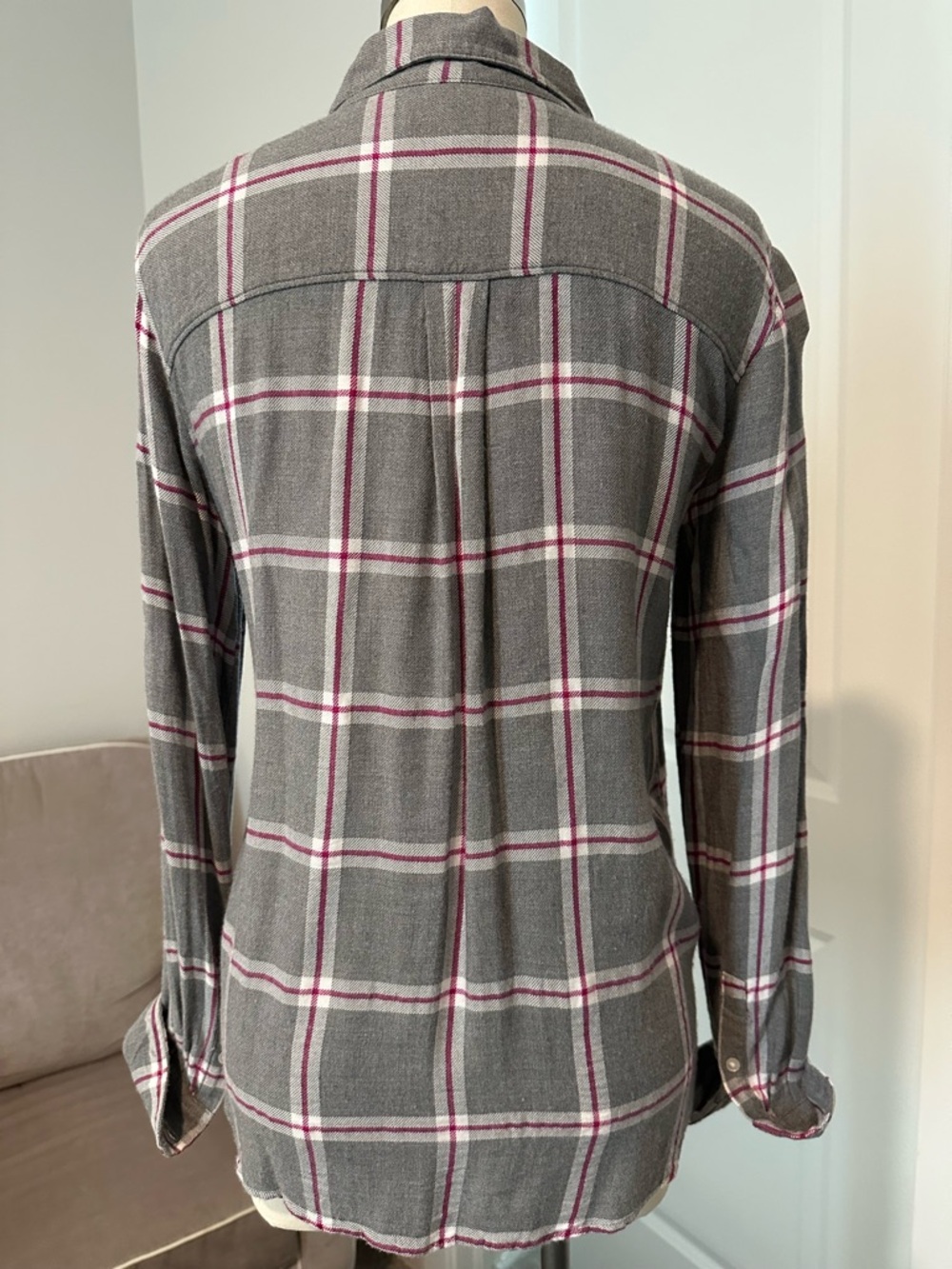 Banana Republic Gray Shirt with Pink Windowpane Stripes
